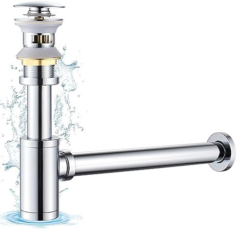 KINKIBOS Universal Siphon und Ablaufgarnitur Set für Waschbecken mit Überlauf, Ablaufgarnitur Waschbecken POP UP mit Überlauf inkl. Dichtungen, Design Siphon Waschbecken für Bad, Chrom