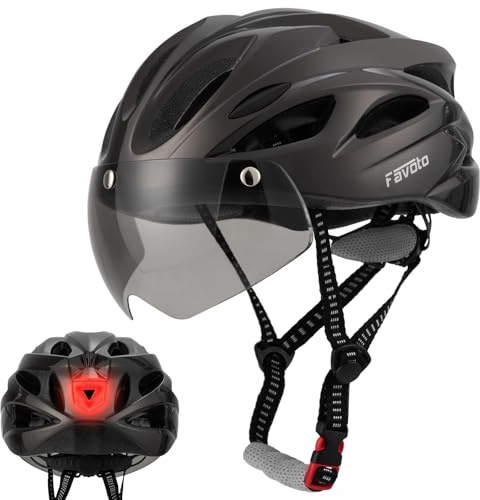 Favoto Casco de Bicicleta para Adultos con Gafas de Protección, Luz Trasera, Forro Interior Desmontable, Tecnología EPS-In-Mold, Transpirable y Ligero, 57-61cm Ajustable, Marrón Oscuro