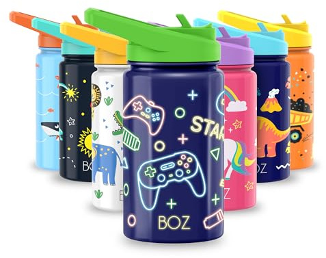 BOZ Kinder Isolierte Wasserflasche mit Strohhalm-Deckel, Edelstahl-Vakuum-Doppelwand-Wasserbecher, 414 ml, kratzfest, niedlicher Druck und Tragegriff, BPA-frei und spülmaschinenfest (Spiel)