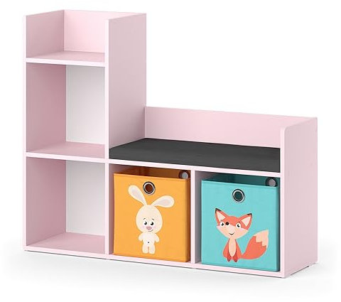 Vicco Kindersitzbank Rosa Luigi mit 2 Faltboxen (bunt) - 107x89x31 cm hergestellt aus Spanplatte - Spielzeugschrank ideal für Kinder, mit Sitzfläche für funktionale Raumnutzung