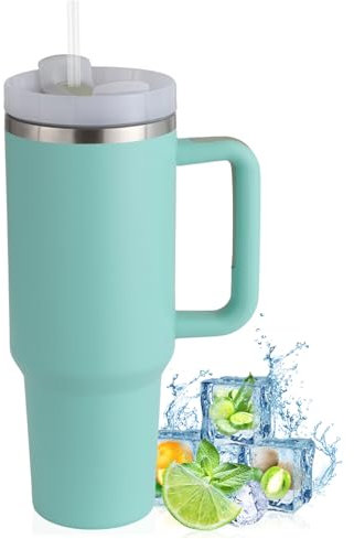 PRAOAHEI 40oz Thermobecher mit Strohhalm und Henkel,1180 ML Doppelwandiger Edelstahl Heiße Kalte Getränke Vakuum Trinkbecher, Kaffeebecher für Zuhause Reisen Mintgrün