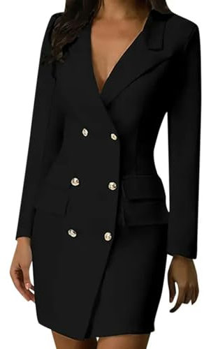ARESU Elegantes zweireihiges Blazer-Kleid für Büro-Damen, solides Business-Kleid, Frühling und Herbst, langärmelig, schmaler Arbeitsanzug, Outfits, Kleider-Schwarz-L