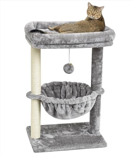 SYANDLVY Kleiner Katzenbaum Indoor, Kratzposten mit Hängeball, Korb | Aktivität Katzenturm mit Kratzenposten für Kätzchen, Katzenbett & Möbel für Spielruhe (Hellgrau)