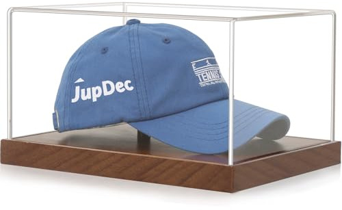 JupDec Hat Display Case, Clear Acrylic Signed Baseball Cap Display Box Stand, UV Protection Signed Hat Transparent Showcase with Solid Wood Base Risers & Hat Shaper, Ideal Gift for Caps Collector