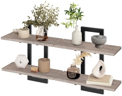 HOOBRO Flytande hyllor, vägghyllor, set med 2, väggmonterade förvaringshyllor, 2 nivåer, väggvisningsställ, hängande badrumshyllor, för kök, vardagsrum, Greige och svart EBG32BJ01