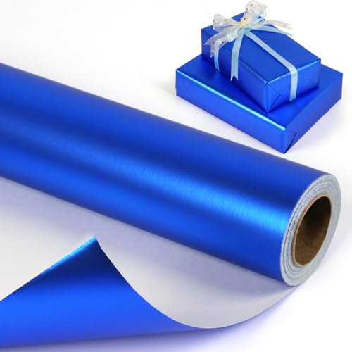 Blau Geschenkpapierrolle, Metallisches blaues Geschenkpapierrolle, Einfarbiges und mattes blaues Geschenkpapier Glitzer, Geschenkverpackung Papier für Weihnachten Geburtstag Valentinstag, 43 cm x 10 m