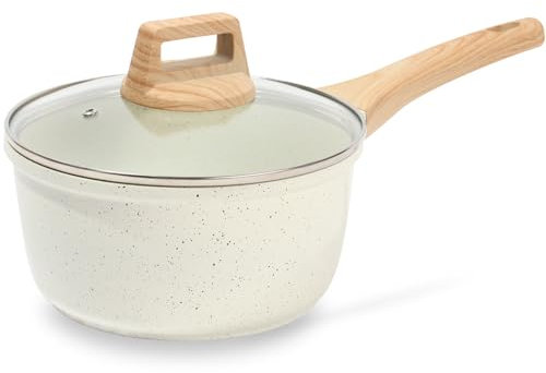 ESLITE LIFE Nonstick Sauce Pan with Lid, 1.5 QT Small Soup Pot Compatible with All Stovetops (Gas, Electric & Induction), PFOA Free, White