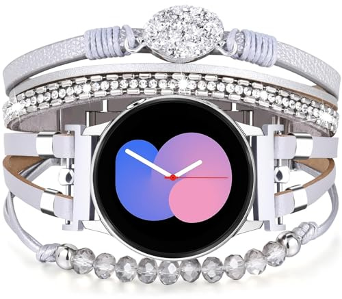VISOOM Leather Strap Compatible with Samsung Galaxy Watch 7 6 5 4 FE Strap for Women, Cute Beaded Pearl Watch Band for Galaxy Watch 40mm 44mm/Classic 43mm 47mm 42mm 46mm/5 Pro 45mm,Silver