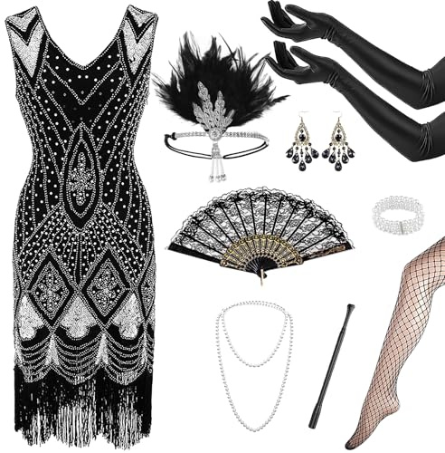 Disfraz de los Años 20 para Mujer - Vestido con Flecos, Cuello en V y Accesorios: Collares y Pendientes para Fiestas