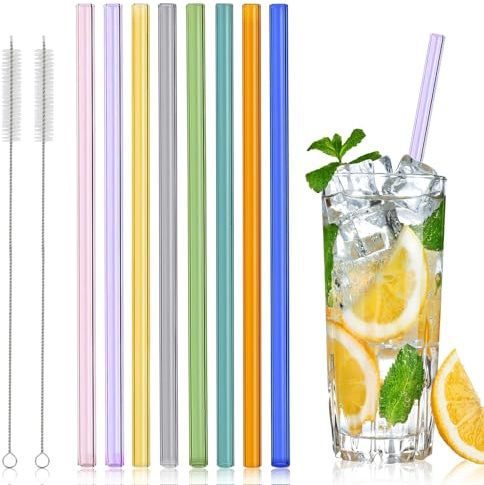 8Pcs Straight Glass Drinking Straws Set, 20cm Multicolour Reusable | Includes 2 Cleaning Brushes, Smooth Rounded Tips, Sturdy Build for Bubble Tea, Boba, Iced Coffee, Smoothies and Beverages