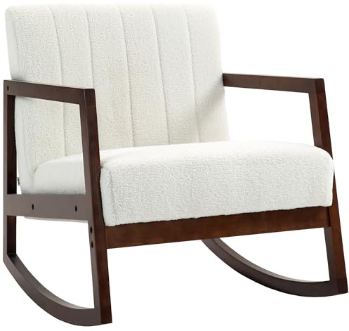 HOMCOM Gungstol för Amning med Lockig Ulleffekt, Massiva Träben, för Sovrum och Vardagsrum - 67 L x 93 D x 80 H cm Kräm