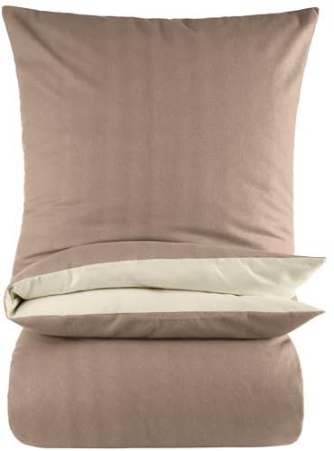 BaSaTex Biber Bettwäsche Set, 135x200 + 80x80, Taupe Natur | Uni, Bettbezug Kissenbezug, kuschelige warme Winter Flausch Bettgarnitur