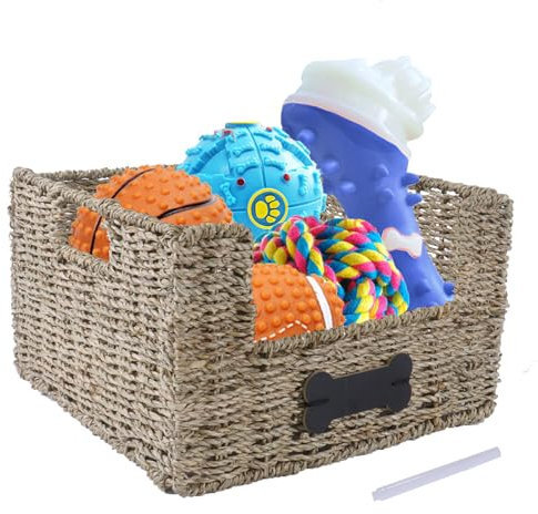 Cat and Dog Collapsible Wicker Storage Basket with Handles - Organizes Treats, Leashes, and Blankets