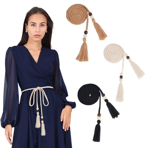 NICENEEDED 3 Stück Damen Gürtel Mit Schmaler Quaste Und Geflochtenem Gürtel Boho Geflochtener Taillenbund Dünner Gewebter Taillengürtel Aus Seil Geflochtene Gewebte Quastenkette