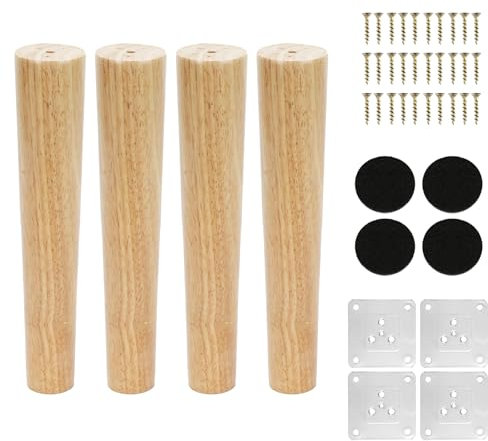 KINDPMA 4 Stück 25cm Möbelfüße Holz Möbelbeine Eiche Konisch Beine für Möbel Tischbeine Kegel Schrankfüße mit Montageplatte, Schrauben, Holzfüße für Couch Schrank Bett Tisch Kommode Couchtisch