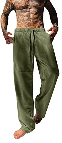 YAOBAOLE Pantalon Lin Homme Pantalon en Lin Homme Leger Pantalons Hommes Décontracté Pantalons Hommes Vert Armée L