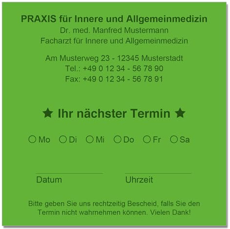 Terminzettel Terminkarten nächster Termin mit Ihrer Adresse personalisiert in praktischer Zettelbox mit Stiftehalter 10 x 10 cm (grün)
