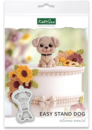 Katy Sue Easy Stand Dog silikonform för tårtdekoration och hantverk. Använd med fondant, sockerpasta, tuggummipasta och lufttorkad lera från Katy Sue Designs fondantformar