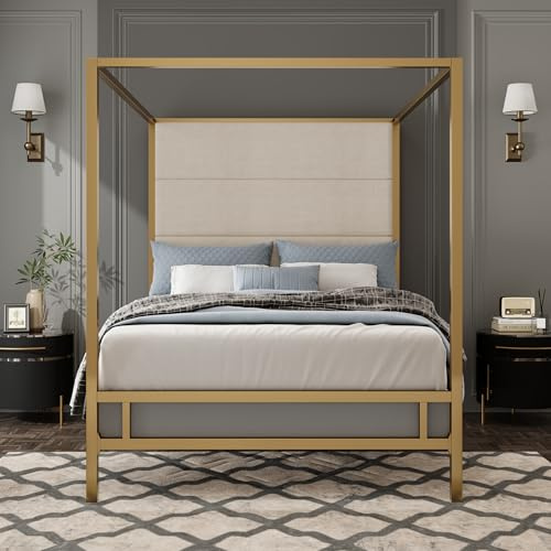 Brabrety Modern Queen Size Canopy Bed with Tall Linen Fabric Upholstered Headboard and Metal 4-Poster Bed Frame,for Kids Teens Adults Bedroom Use (Gold,Tan#t, Queen)