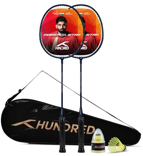 Hundred Powertek Star Badminton Racket Set of 2, Navy Blue, Pre-Strung Racquets with Full Cover and 2 Nylon Shuttlecocks, Lightweight and Durable for Beginners and Recreational Play