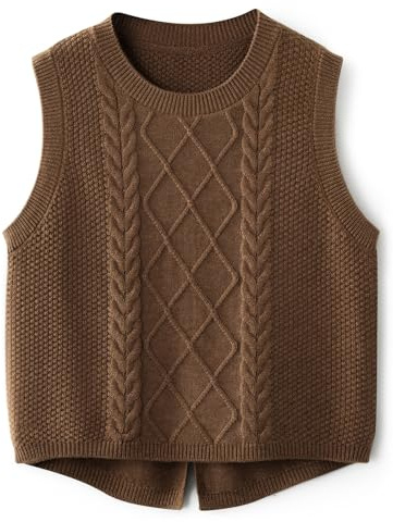 Ciovkis Women's Merino Wool Blend Sweater Vest 2025 Fall Winter Casual Crew Neck Cable Sleeveless Knit Pullover Sweater (Brown,XL)