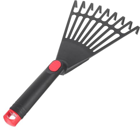 Lurrose Rastrello per foglie in plastica, attrezzo da giardinaggio, piccolo rastrello da giardino con manico, nero, 34 cm