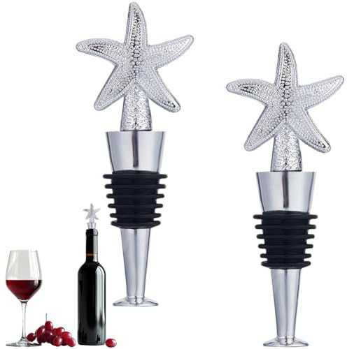 GORGECRAFT 2 Stück Weinflaschenverschluss Mit Seestern Motiv Silberfarben Metalllegierung Silikon Wiederverwendbar Meerestier Dekorativer Champagner Und Weinflaschenaufsatz Für Einweihungspartys Weihn