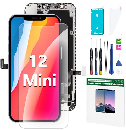 Hoonyer Für iPhone 12 mini Display Ersatzbildschirm LCD Touchscreen Display Vorinstallierte Frontkamera Näherungssensor Reparatur Kit Komplette Ersatzbildschirm mit Werkzeug (Schwarz) (12 mini)