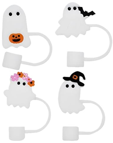 Topper De Paille Ghost Halloween, Ghost Silicone Toppers, Spooky Straw Cascs, 4 Pièces Matériau En Silicone Réutilisable, Plaisir De Vacances Effrayant, 1,57x1,85 Pouces, Pour Les Fêtes, Les Déjeuners