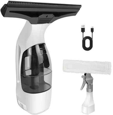 Cordless Rechargeable Window Vac Cleaner, Electric Squeegee Handheld Window Vacuum Cleaner for Shower Screen, Mirrors, 30min Runtime, 280mm Nozzle, 150ml Water Tank, Spray Bottle and Microfibre Cloths