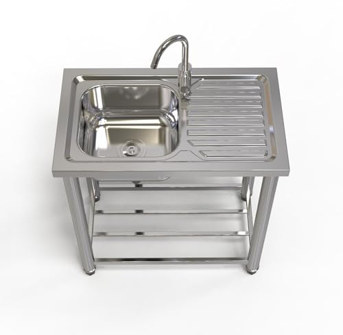 Lavello in Acciaio Inox 1 Vasca, Lavandino da Esterno con Rubinetto Lavandino Commerciale Lavello Autoportante Lavabo Cucina Lavamani Industriale Per Esterni Cortile Garage Campeggio 75X40cm
