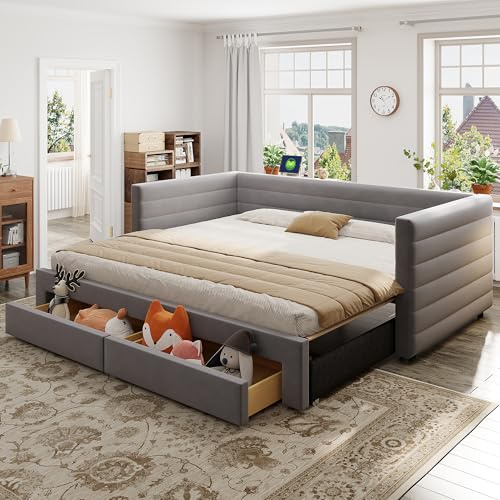 Cama Nido Tapizada 3-en-1 con Tejido de Algodón y Lino, Cama Nido Extensible con Cajones, Convertible en Cama Individual y Doble con Somier, para Dormitorio y Apartamento, Gris, 90 x 190 cm