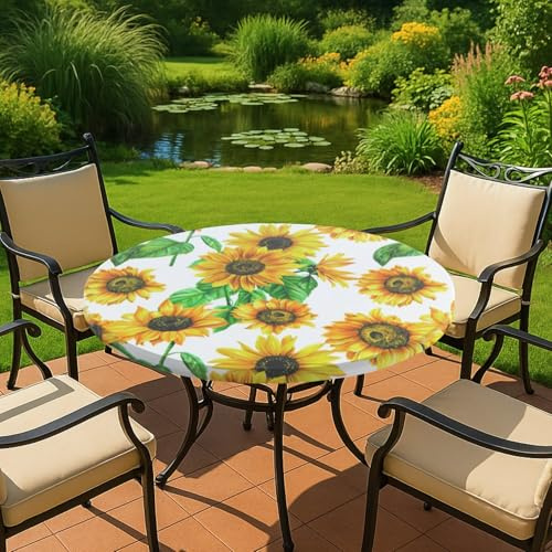 Maximex Spann-Tischdecke XL rund Ø 85 – 105 cm, Sonnenblumen-Motiv, abwischbare Gartentischdecke mit Gummizug, wetterfest, UV-beständig, für Garten, Balkon und Camping, Kunststoff