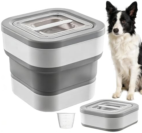 ZoeQide Almacenamiento de comida para perros de 10 kg con tapa de sellado magnética, contenedor de comida plegable para perros con cuchara medidora, caja de comida para perros adecuada para guardar