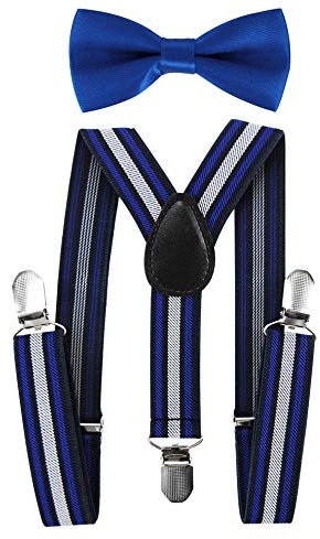 axy Hochwertige Kinder Hosenträger-Y Form mit Fliege- 3 Clips EXTRA STARK-Uni Farben (Farbe Steifen Nr.7 + Blaue Fliege)