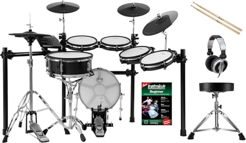 XDrum DD-650 PLUS Mesh E-Drum Kit - elektronisches Schlagzeug mit echter HiHat - 14 Snare-Pad und 14 Kick-Pad aus Holz - 720 Sounds - inkl. Rack, Hocker, Kopfhörer, Sticks und Schule - Black Sparkle