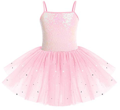 IMEKIS Mädchen Pailletten Ballett Tanzkleid Prinzessin Ärmellose Ballettanzug Gymnastik Body mit Glänzendem Tüllrock Kind Ballerina Dancewear-Kostüm Rosa 7-8 Jahre