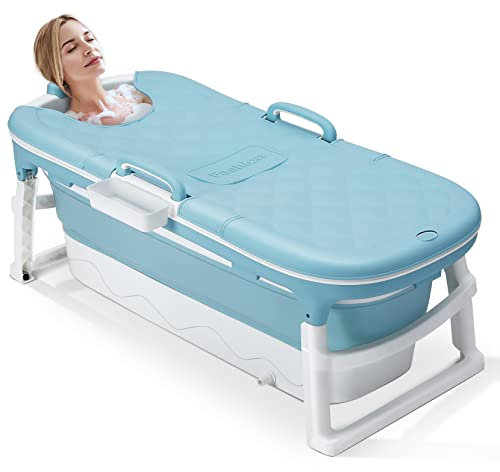 Dripex Portable Bathtub Adult, Folding Bathtub 138X62X52cm Large Thicken Free Standing Soaking Barrel, Foldable Massage Sweat Steam Bath Tub with Lid, Bathroom Warm Spa Sauna for Adults, Blue
