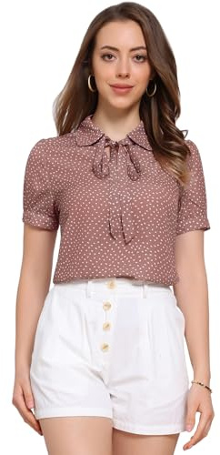 Allegra K Damen Polka Dots Oberteil Kurzarm Bubikragen Krawatten Ausschnitt Chiffon Punkte Top Bluse Dunkelrosa Punkte M