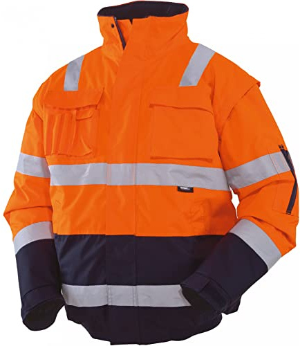 Vizwell Warnschutz Pilotenjacke 2 in 1 Arbeitsjacke Warnjacke Warnschutzjacke mit Schulterreflektorstreifen (L, leuchtorange-marine)