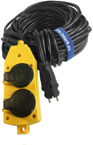 Cable alargador Hilark - 3 Hilos 2,5 mm2 - IP44 con Clavija Schuko H05VV-F 3g2,5 mm2 (3x2,5) 230 V 4 Tomas Schuko con Tapa Protectora Cable eléctrico PVC (25 m, Bloque de Tomas Schuko Amarillo)