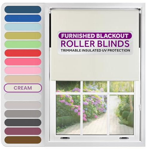 FURNISHED Roller Blinds Thermal Blackout Roller Blind - Trimmable Insulated UV Protection Child Safe Easy Fit Home Office Window Blinds, Cream, 85 cm Wide x 165 cm Long