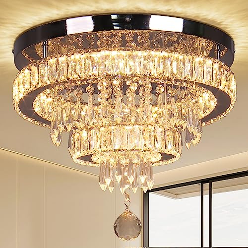 Finktonglan 15.7 Crystal Semi Flush Mount Ceiling Light, 2-Ring LED Crystal Chandelier, Warm White 3000K, Non-Dimmable, Built-in LED for Bedroom Hallway Entryway Dining Room