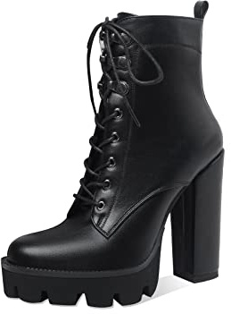 Z.Oufeier Women's Platform Ankle Boots Fashion Black Chunky Heel Lug Sole Combat Boots Lace Up High Heeled Booties(9,black pu)
