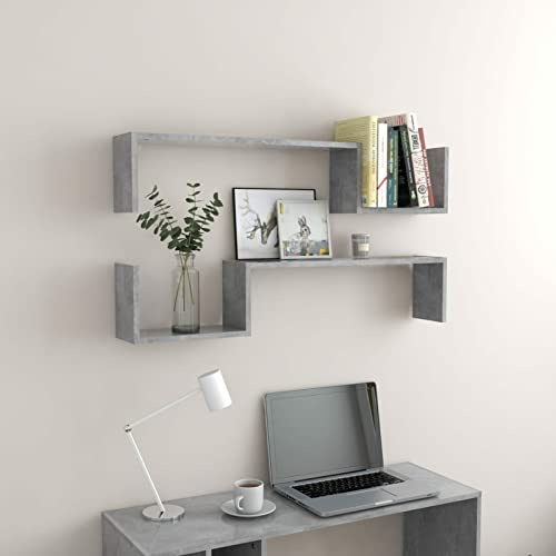 Gecheer Mensola a Muro in Truciolato Grigio Cemento 100x15x20 cm - Set 2 Scaffali Sospesi, Libreria da Parete Moderna
