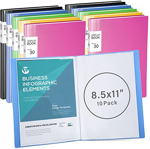 10 Pack Presentation Binder with Plastic Sleeves, Large Capacity 8.5x11 Portfolio Protectors, 30 Pocket Document Organizer for Recipes, Artwork, School & Office, Durable Clear Sleeves