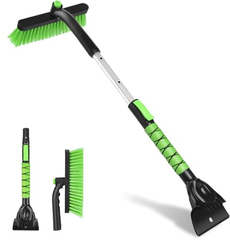 Yougfin Snow Brush with Ice Scraper 33 inch, 2 in 1 Extendable Snow Removal for Cars with Foam Grip and 360° Pivoting Brush Head, Heavy Duty Snow Cleaner for Auto Truck SUV