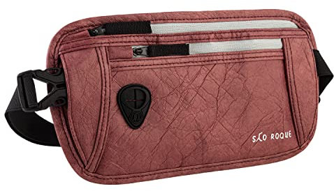 SAO ROQUE ® Stylische Unisex Bauchtasche (S), Hüfttasche, Gürteltasche, Money Belt. Flach. Vegan. Wasserfest. RFID-Blocker. Edle Leder-Optik (Rot-Braun)