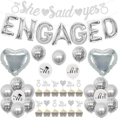 Engagement Party Decorations Silver - She Said Yes Banner, Glitter He Asked She Said Yes Cupcake Toppers, Engaged Foil Balloons, Mr Mrs Printed Balloons for Engagement Wedding Bridal Shower Supplies