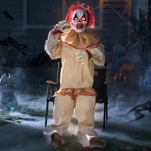 JOYIN 152 cm Halloween Animatronic Sitzender Clown Dekoration mit leuchtenden Augen, gruseligem Sound, beweglichen Armen und Kopf (Ton und Licht aktiviert) für Halloween Spukhaus Innen- und